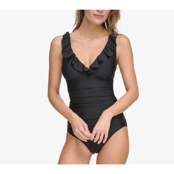 Dkny Other - DKNY Ruffle Plunge Underwire Tummy Control One-Piece Swimsuit | Sz 14, Black